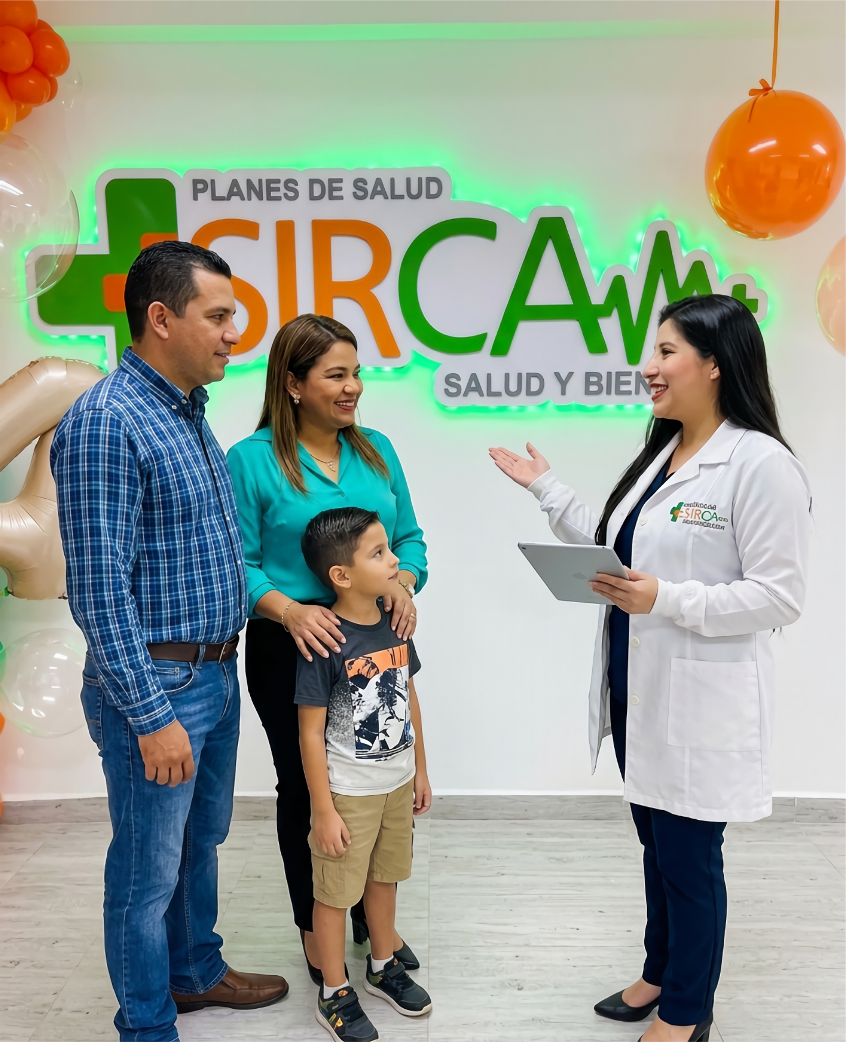 Familia con doctor en clínica moderna